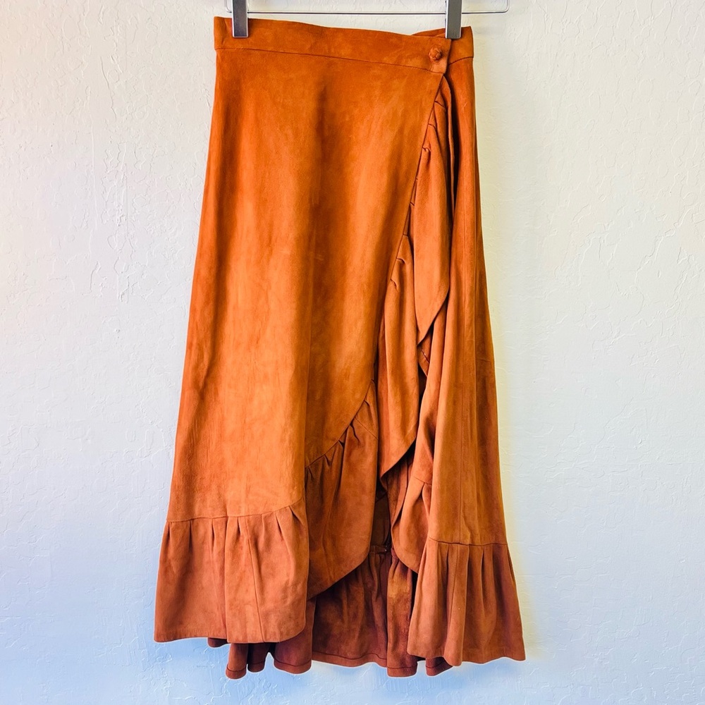 Vintage Lotus Western Boho Ruffle Suede Wrap Skirt Small